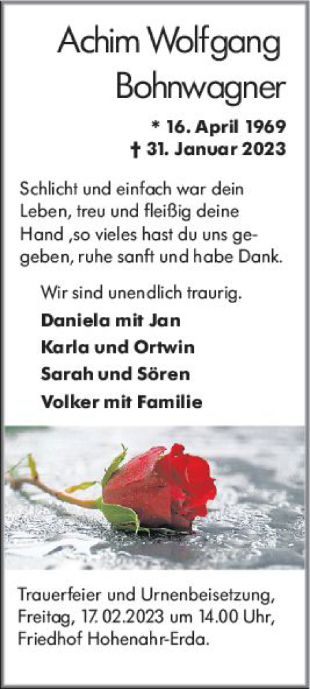 Traueranzeige von Achim Wolfgang Bohnwagner von Wetzlarer Neue Zeitung