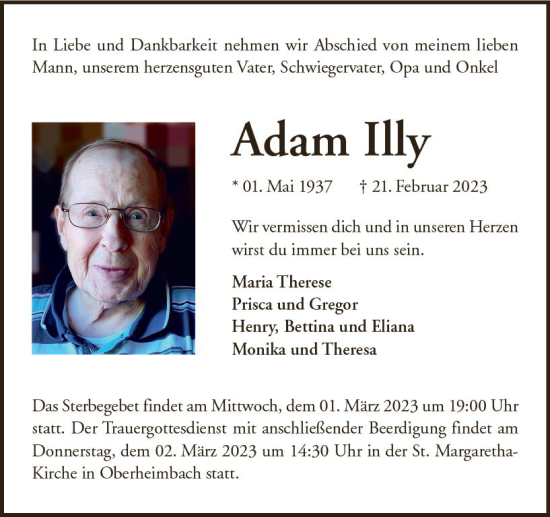 Traueranzeige von Adam Illy von Allgemeine Zeitung Bingen/Ingelheim