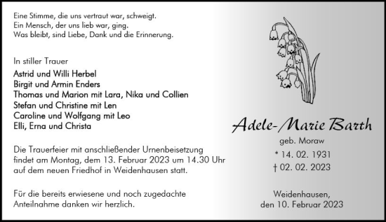 Traueranzeige von Adele-Marie Barth von Wetzlarer Neue Zeitung