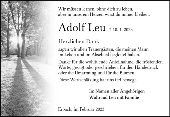 Traueranzeige von Adolf Leu von Odenwälder Echo