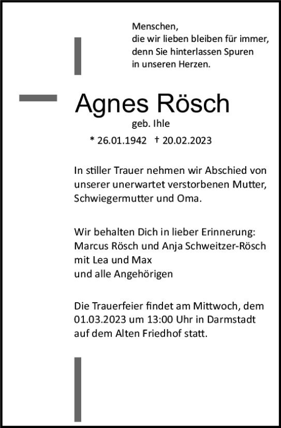 Traueranzeige von Agnes Rösch von Darmstädter Echo