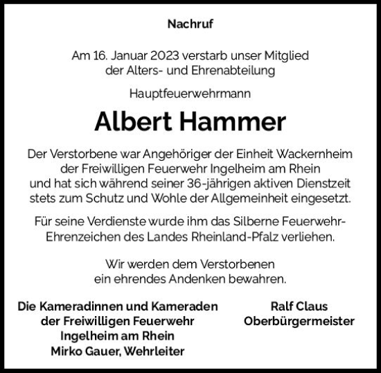 Traueranzeige von Albert Hammer von Allgemeine Zeitung Ingelheim-Bingen