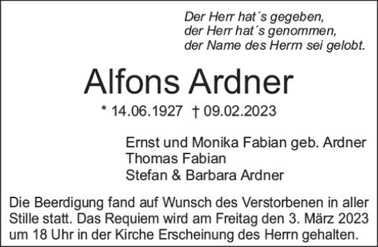 Traueranzeige von Alfons Ardner von Starkenburger Echo