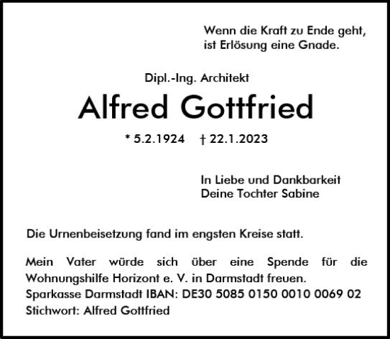 Traueranzeige von Alfred Gottfried von Darmstädter Echo