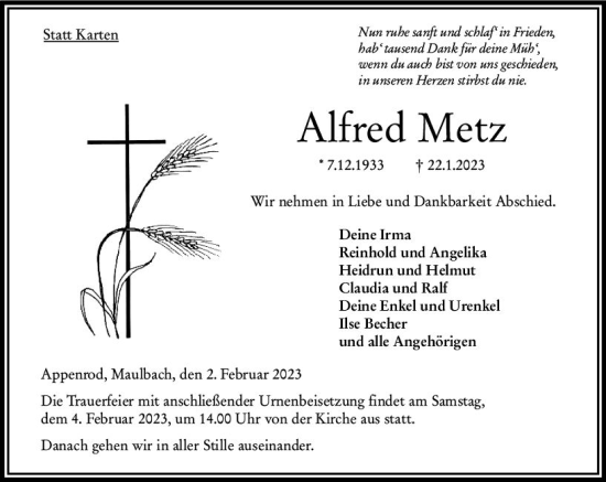 Traueranzeige von Alfred Metz von VRM Trauer