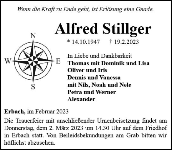 Traueranzeige von Alfred Stillger von Camberger Anzeiger