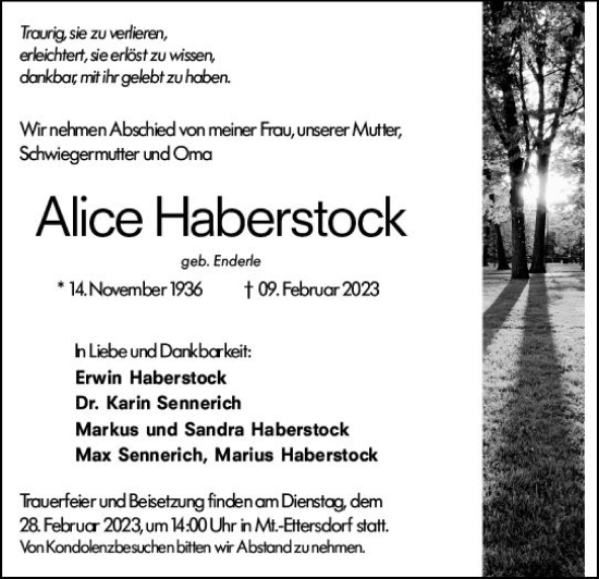 Traueranzeige von Alice Haberstock von Wiesbadener Kurier