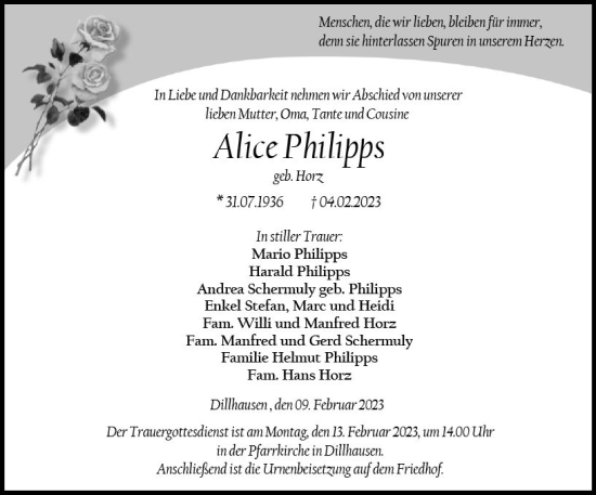 Traueranzeige von Alice Philipps von Weilburger Tageblatt