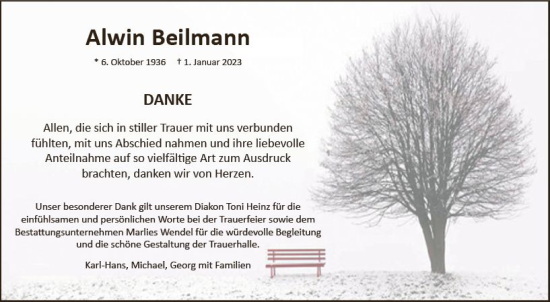 Traueranzeige von Alwin Beilmann von Bingen/Ingelheim WOBL inkl. Neue Binger Ztg.