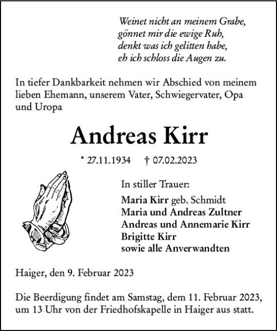 Traueranzeige von Andreas Kirr von Dill Block