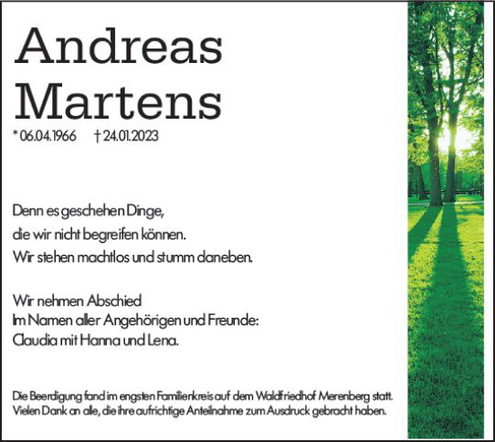 Traueranzeige von Andreas Martens von Weilburger Tageblatt
