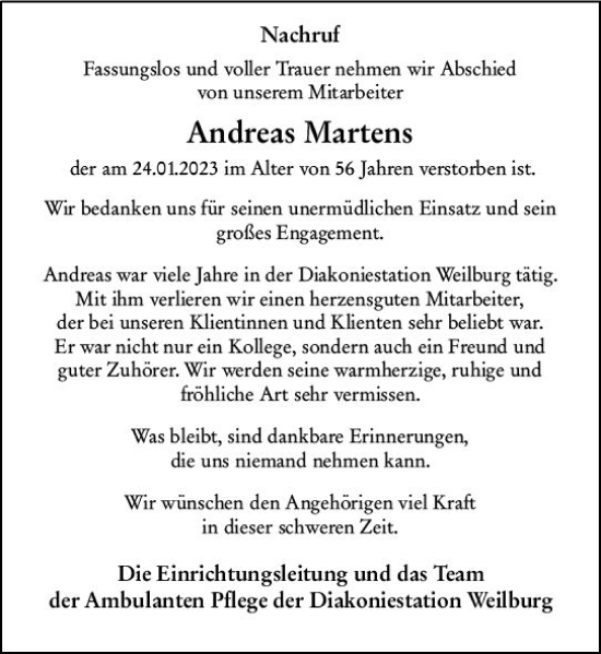Traueranzeige von Andreas Martens von Weilburger Tageblatt
