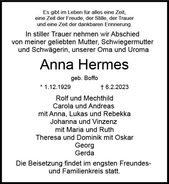 Traueranzeige von Anna Hermes von Dieburger Anzeiger/Groß-Zimmerner Lokal-Anzeiger