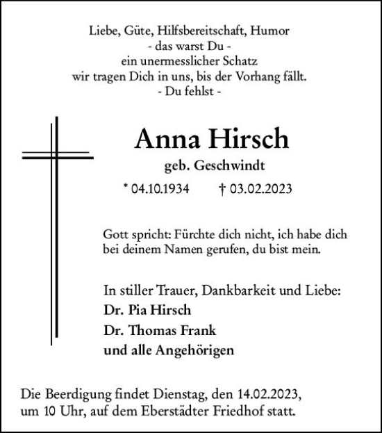 Traueranzeige von Anna Hirsch von Darmstädter Echo