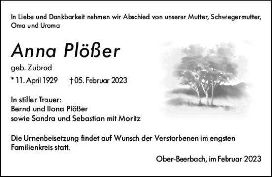 Traueranzeige von Anna Plößer von Darmstädter Echo