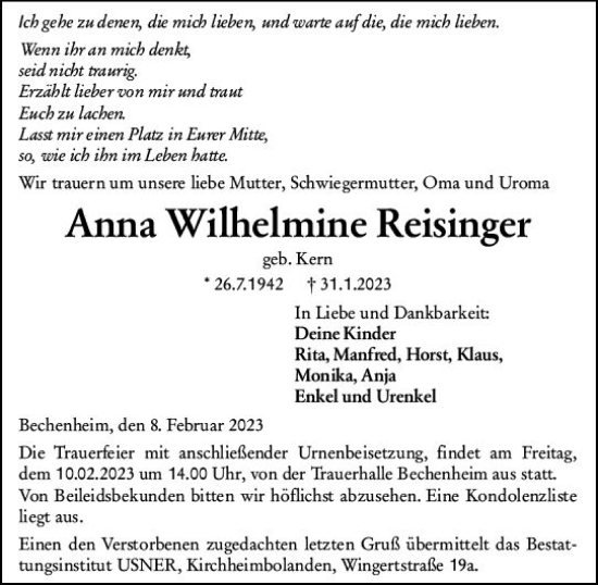 Traueranzeige von Anna Wilhelmine Reisinger von Allgemeine Zeitung Alzey