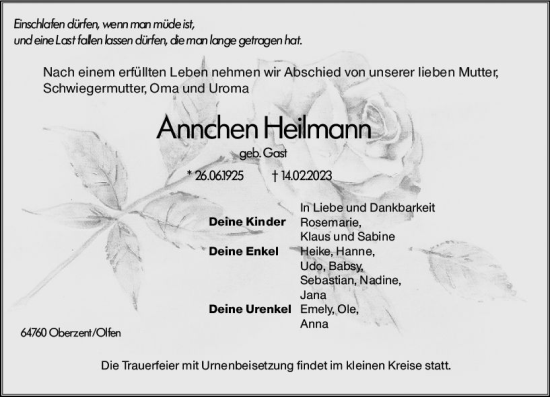 Traueranzeige von Annchen Heilmann von Odenwälder Echo