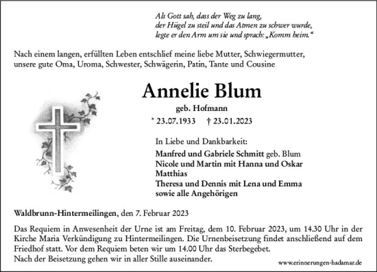 Traueranzeige von Annelie Blum von Nassauische Neue Presse