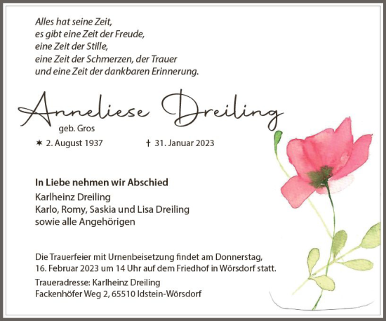 Traueranzeige von Anneliese Dreiling von Idsteiner Land / Untertaunus Kurier