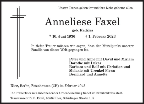Traueranzeige von Anneliese Faxel von Nassauische Neue Presse