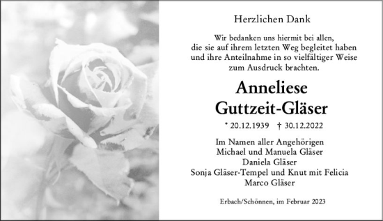 Traueranzeige von Anneliese Guttzeit-Gläser von Odenwälder Echo