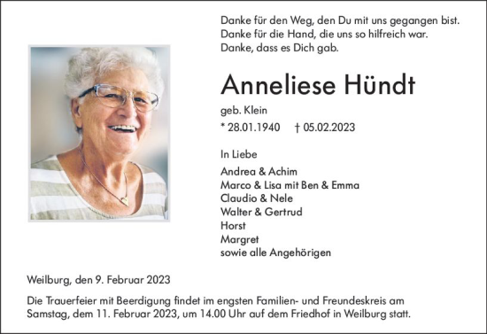 Traueranzeige von Anneliese Hündt von Weilburger Tageblatt