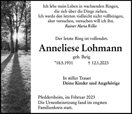 Traueranzeige von Anneliese Lohmann von Wormser Zeitung