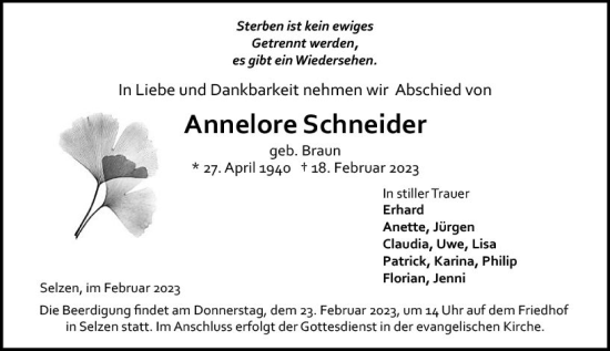 Traueranzeige von Annelore Schneider von Allgemeine Zeitung Mainz