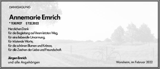 Traueranzeige von Annemarie Emrich von Allgemeine Zeitung Alzey