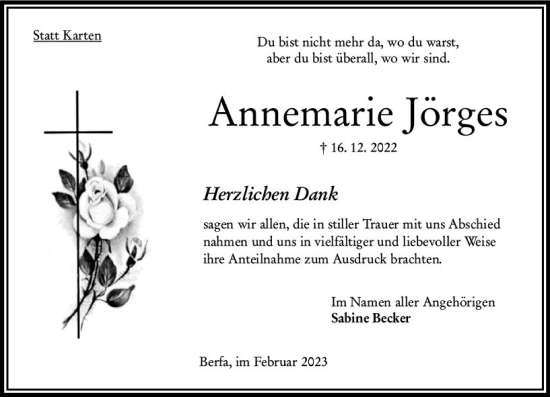 Traueranzeige von Annemarie Jörges von OK Oberhessen Kurier