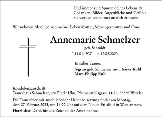 Traueranzeige von Annemarie Schmelzer von Wetzlarer Neue Zeitung