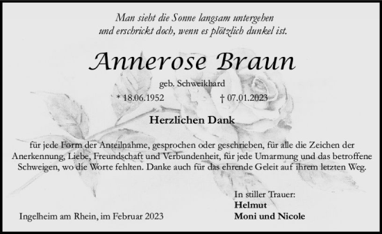 Traueranzeige von Annerose Braun von Allgemeine Zeitung Ingelheim-Bingen