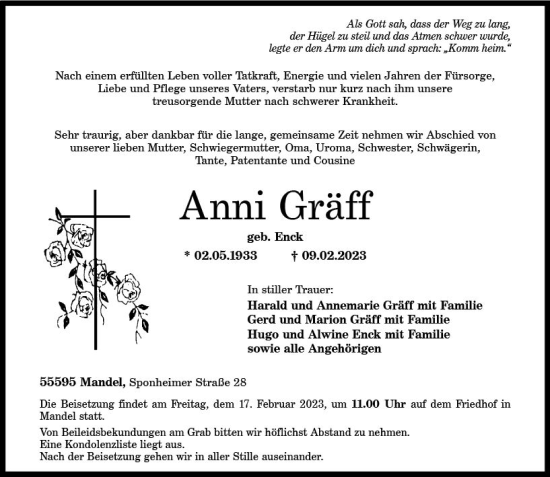 Traueranzeige von Anni Gräff von Allgemeine Zeitung Bad Kreuznach