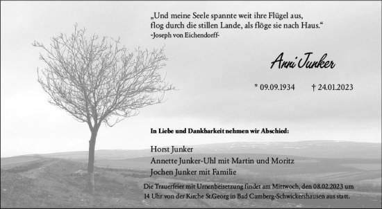 Traueranzeige von Anni Junker von Camberger Anzeiger