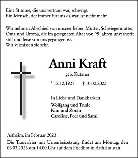 Traueranzeige von Anni Kraft von Rüsselsheimer Echo