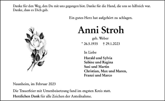Traueranzeige von Anni Stroh von Wetzlarer Neue Zeitung