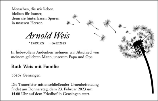 Traueranzeige von Arnold Weis von Bingen/Ingelheim Wochenblatt inkl. NBZ