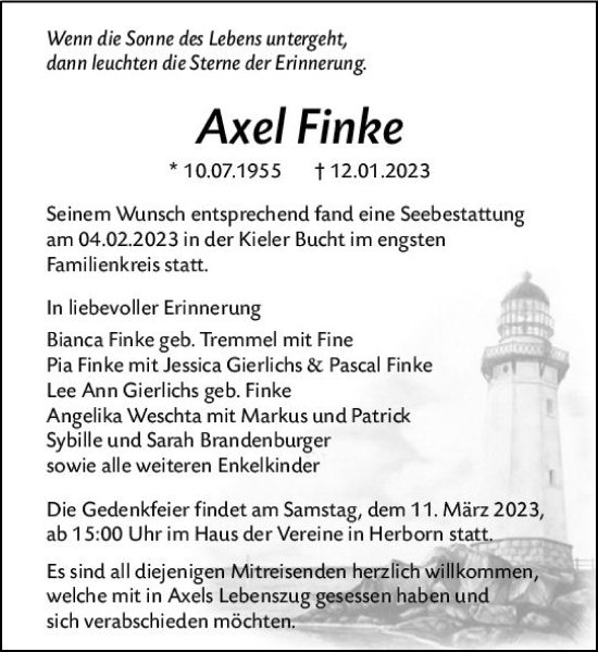 Traueranzeige von Axel Finke von Dill Block