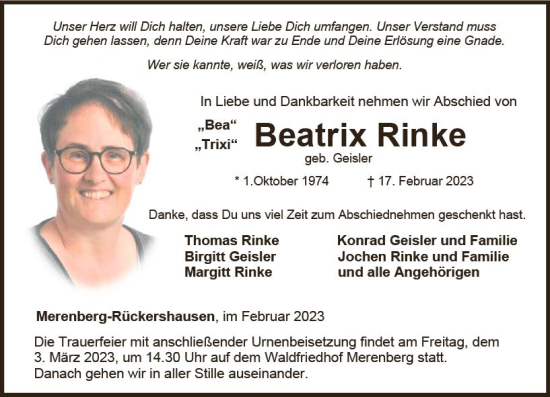 Traueranzeige von Beatrix Rinke von Weilburger Tageblatt