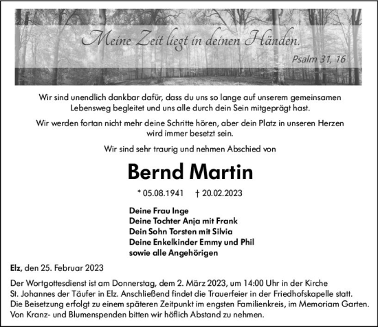 Traueranzeige von Bernd Martin von Nassauische Neue Presse