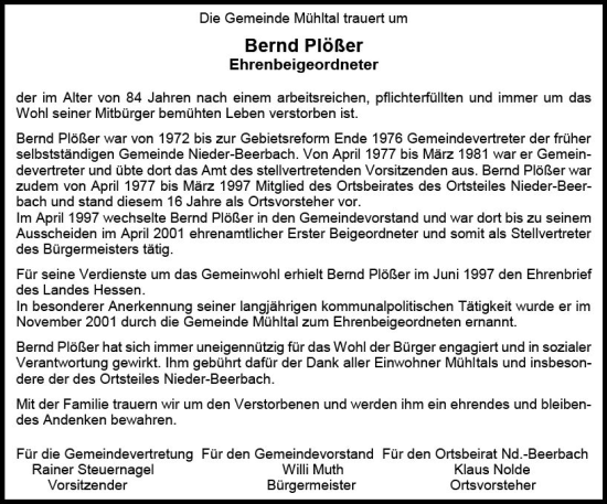 Traueranzeige von Bernd Plößer von Darmstädter Echo
