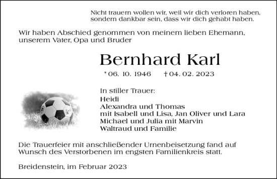 Traueranzeige von Bernhard Karl von Hinterländer Anzeiger