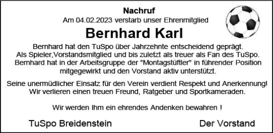 Traueranzeige von Bernhard Karl von Hinterländer Anzeiger