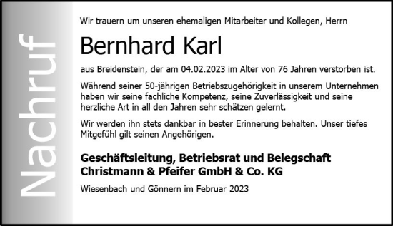 Traueranzeige von Bernhard Karl von Hinterländer Anzeiger