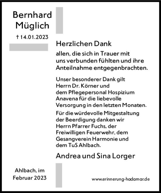 Traueranzeige von Bernhard Müglich von Nassauische Neue Presse