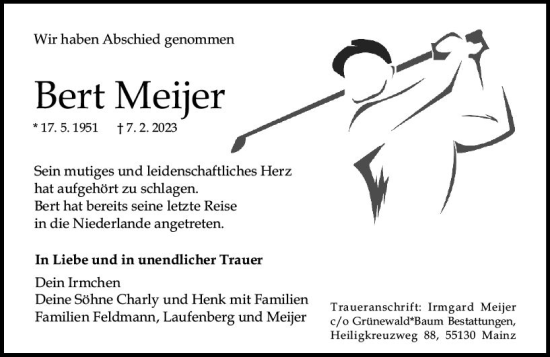 Traueranzeige von Bert Meijer von Allgemeine Zeitung Mainz