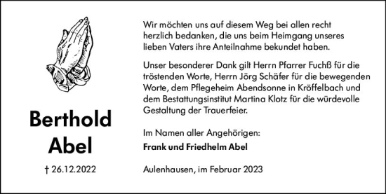 Traueranzeige von Berthold Abel von Weilburger Tageblatt