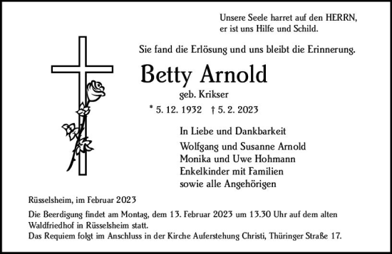 Traueranzeige von Betty Arnold von Rüsselsheimer Echo
