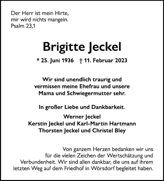 Traueranzeige von Brigitte Jeckel von Wiesbadener Kurier