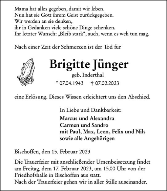 Traueranzeige von Brigitte Jünger von Dill Block